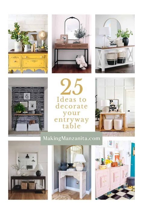 Console tables are perfect to use in your entryway, but what's the best way to decorate them? Check out these 25 entryway table decor ideas for decorating your console table. How To Decorate Entryway Table, Console Table Decorating Entryway, How To Decorate A Console Table, Console Table Decor Ideas, Decorate Hallway, Console Table Decor, Entryway Table Decor Ideas, Small Console Table, Console Table Styling