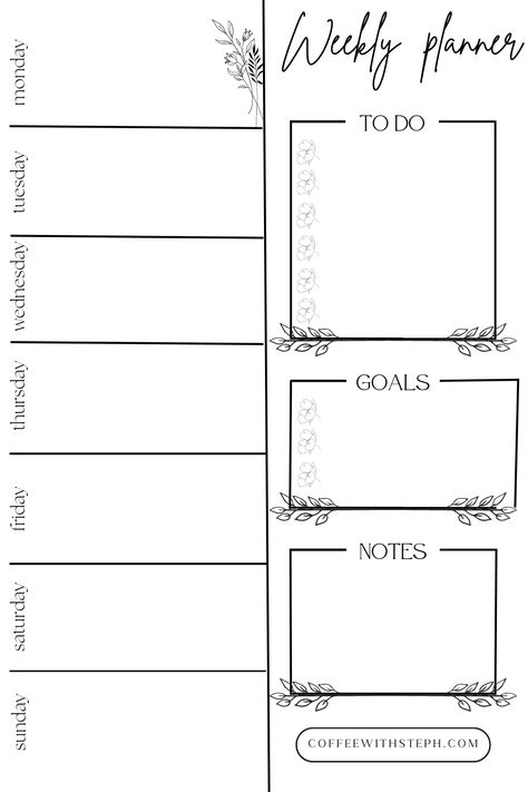 This is a free weekly planner printable. There are spaces for each day of the week, to do list, goals and notes. It is in black and white for easier printing. 2 Week Planner Printable, Undated Weekly Planner Free Printable, Free Weekly Printable Planner, Craft Project Planner Printable Free, Weekly Template Planner, Week At A Glance Printable Free, Weekly Planner Pdf Free, Printable Bullet Journal Pages Free, Happy Planner Printables Free