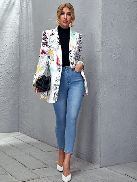 Women's Long Sleeve Lapel Button Pop Art Print Work Office Blazer Plus Size Cardigan, Looks Jeans, Mens Clothing Brands, Plus Size Cardigans, Y2k Aesthetic Outfits, Blazer Set, Pop Art Print, Printed Blazer, Long Sleeve Blazers