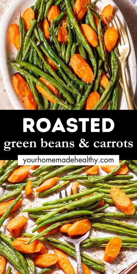 Roasted green beans and carrots on a serving platter with a fork. Roasted Carrotts, Roasted Green Beans And Carrots, Thanksgiving Green Bean Recipe, Green Beans And Carrots, Green Bean Recipes Healthy, Thanksgiving Green Beans, Healthy Easter Recipes, Carrots Side Dish, Green Beans Side Dish