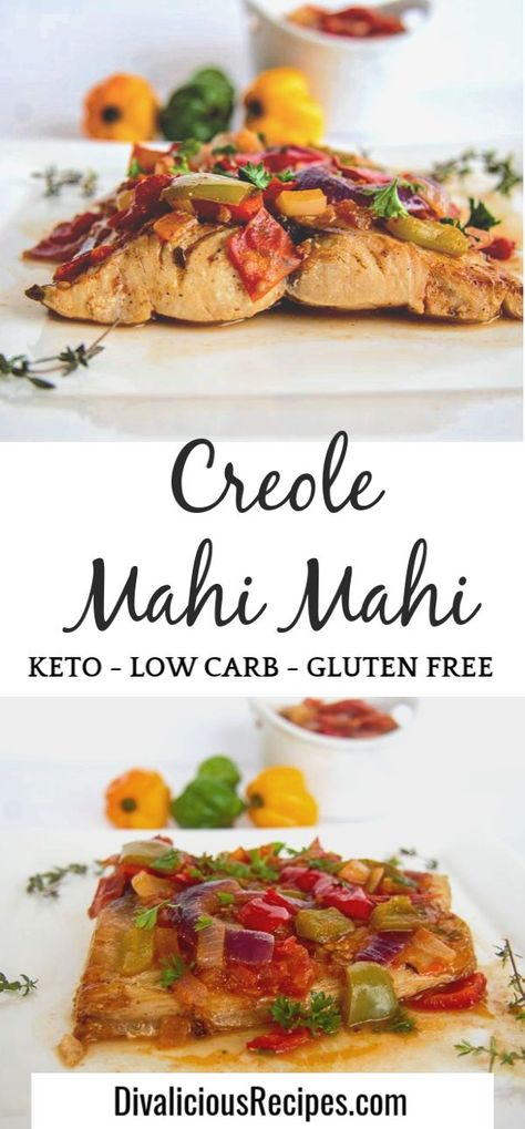 Pan-fried mahi mahi poached in a Creole sauce is an easy dinner.    #mahimahi #lowcarb #keto #glutenfree #paleo Keto Mahi Mahi Recipes, Cajun Fish, Easy Paleo Dinner Recipes, Creole Sauce, Recipes Fish, Diet Dinner Recipes, Autoimmune Diet, Keto Dinners, Carb Dinner