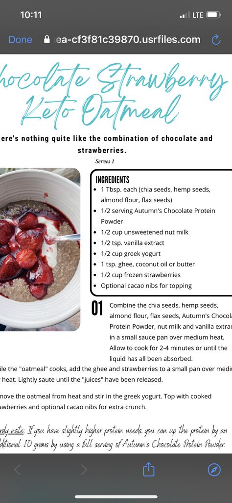 Autumn Bates Recipes, Autumn Bates, Keto Oatmeal, Recipe Breakfast, Protein Meals, Healthy Family Meals, Chocolate Protein Powder, Low Glycemic, Healthy Family