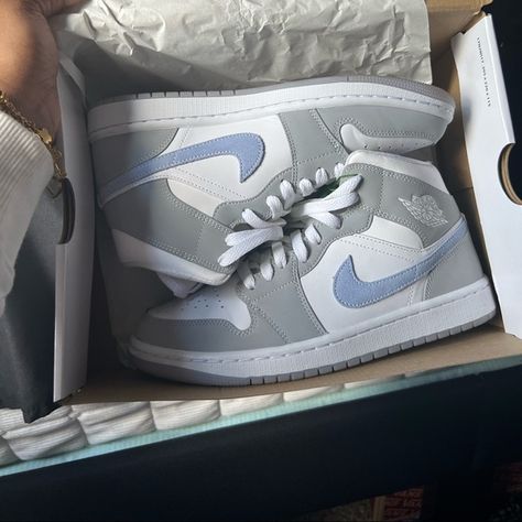 Wolf grey Jordan 1 Grey Air Jordan 1, Jordan 1 Wolf Grey Outfit, Womens Air Jordans Low, Jordan 1s Gray, Gray Jordan Shoes, Gray Jordans, Gray Shoes, Jordan Wolf Grey, Blue Grey Jordans