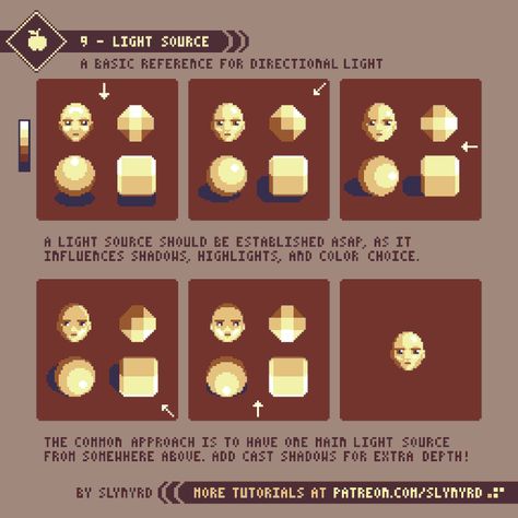 slynyrd, light source, directional, face, influences, shadows, highlights, colour, choice,  common, approach, light it up, patreon, tutorial, character design, face design, animation, animated, animados, animação, animacion, 8bit, pixel art, digital art, video games, game art, game gifs, game design, indie, indiedev, game inspirations How To Pixel Art, Piskel Art, Pixel Characters, Pixel Animation, Pixel Art Tutorial, 8bit Art, Cool Pixel Art, Video Game Design, Pixel Art Characters