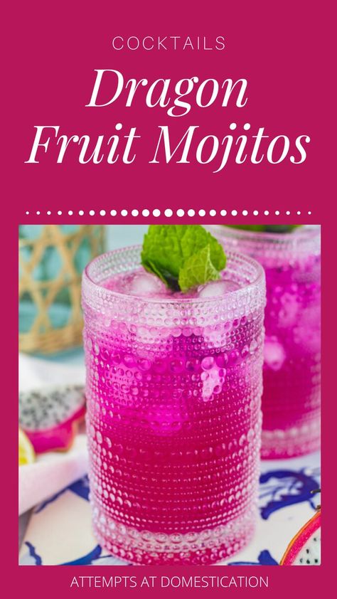 If you like to create easy and gorgeous cocktails, for entertaining or just for yourself, you have to try these dragon fruit mojitos! They are refreshing for a warm day. And they are a stunning shade of pink. Dragon Fruit Syrup, Fruit Drinks Alcohol, Fruit Mojito, Girly Drinks, Fruit Syrup, Ice Cream Drinks, Mojito Cocktail, Cocktail Recipes Easy, Summer Cocktail