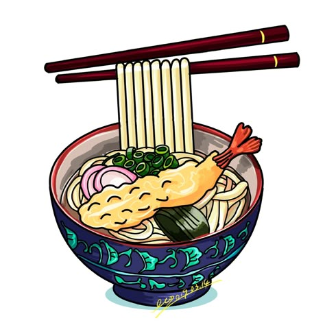 Tempura Drawing, Udon Illustration, Noodle Bowl Illustration, Noodle Cup Illustration, Ramen Tattoo, Japanese Shrimp, Japanese Food Vector, Tempura Udon, Noodle Doodle