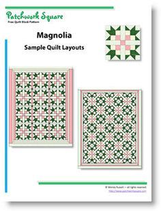 MAGNOLIA quilt block pattern to download Magnolia Quilt Pattern, Free Quilt Block Patterns, Fun Quilts, Fall Quilt Patterns, Sewing Machine Instruction Manuals, Simple Quilt, Fall Quilt, Kaleidoscope Quilt, Quilting Blocks