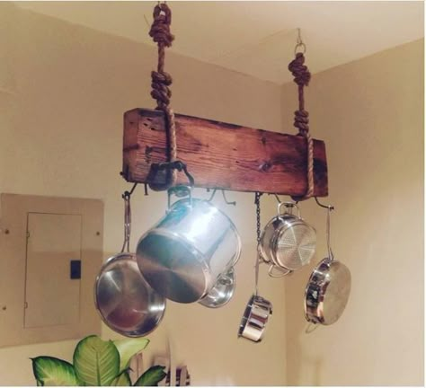 Hanging wooden pot rack                                                                                                                                                                                 More Diy Pot Rack, Rustic Pot Racks, Hanging Pot Racks, Hanging Pot Rack, Rustic Pot, Rustic Pots, Home Decor Catalogs, Pot Rack Hanging, Pan Rack