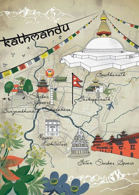 Nepal Art, Nepal Culture, Nepal Kathmandu, Nepal Travel, City Poster, Kathmandu Nepal, Travel Illustration, Illustrated Map, Travel Maps