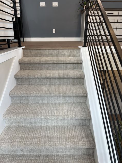 Vinyl Flooring Throughout House, Carpet Farmhouse Style, Carpet Basement Stairs, Carpeted Basement Stairs, Stairs To Basement In Living Room, Carpet Stairs Ideas, Lvp Stairs, Basement Carpet Ideas, Cabin Carpet