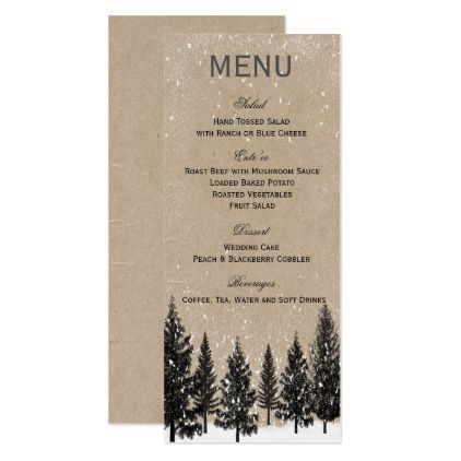 Rustic Snow Winter Pine Forest Menu Card - invitations custom unique diy personalize occasions Snow Wedding Invitations, Winter Forest Wedding, Winter Woodland Wedding, Wedding Cake Peach, Winter Wedding Planning, Wedding Cake Prices, Christmas Wedding Invitations, Snow Wedding, Rustic Winter Wedding