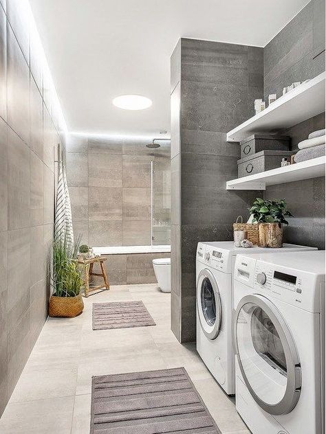 How to make a laundry-bathroom combo work | Balnei & Colina Laundry Room Bathroom Combo, Laundry Bathroom Combo, Bathroom With Laundry, Makeover Kamar Mandi, Basement Laundry, Laundry Room Layouts, Laundry Room Renovation, Laundry Design, Laundry Room Bathroom