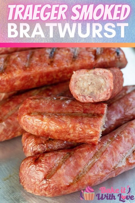 Easy smoked brats are cooked to perfection in the smoker and served on a metal tray ready for buns and condiments! Easy Smoked Meats, Brats On Smoker, Smoked Bratwurst Recipes, Brats On The Traeger, Smoked Brats Recipes, Smoked Brats Pellet Grill, Pitboss Recipes, Smoked Brats, Smoked Bratwurst