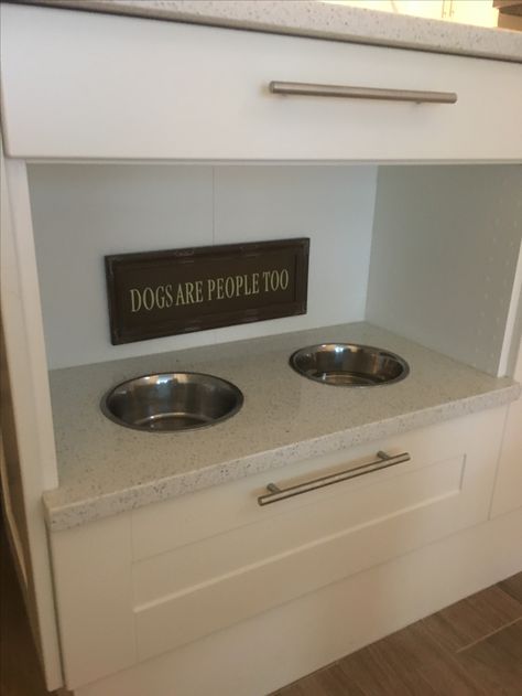 Built In Dog Cabinet, Dog Bowl Placement Ideas, Dog Bowl Corner, Dog Bowl Built In, Dog Bowl Built In Kitchen, Kitchen Island Dog Bowl, Dog Bowl Kitchen, Built In Dog Bowl, Dog Bowl Area