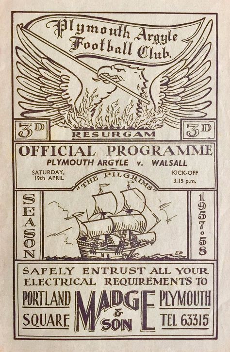 Football Memorabilia on Twitter: "Plymouth Argyle v Walsall Div3(S) 19/4/58 (2-1) Att.19,051 #PAFC #WalsallFC #UTS… " England Football Logo, Walsall Fc, Leathermouth Poster, Plymouth University Uk, Plymouth Argyle, Vintage Soccer, Falmouth Road Race, Sir Alex Ferguson, Football Memorabilia