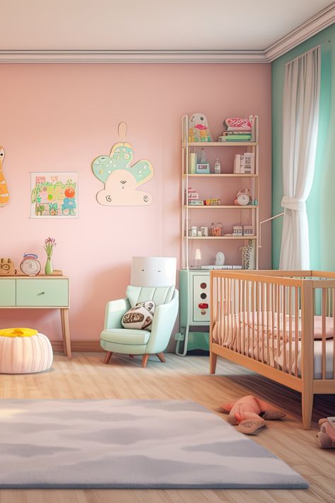 Photo of a soft pink baby nursery, filled with plush toys. Pastel Color Nursery, Nursery Ideas Pastel Colors, Pastel Nursery Girl, Pastel Nursery Ideas, Baby Girl Nursery Pastel Colors, Cotton Candy Nursery, Periwinkle Nursery Girl, Pink And Blue Nursery, Light Pink Baby Nursery Wall