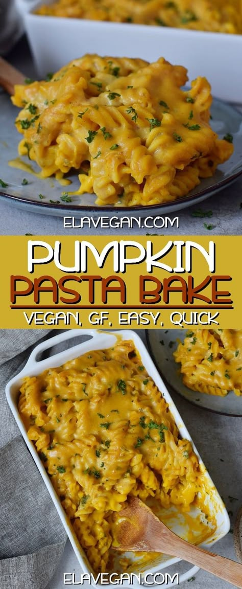 Creamy Pumpkin Pasta Bake which is cheesy and delicious! This easy to make pasta casserole is a great vegan weeknight dinner with wholesome ingredients. The recipe is meat-free, vegetarian, dairy-free, plant-based, oil-free, and can be made gluten-free! #pumpkinpastabake #veganpastabake #pastabake #pastacasserole #pastagratin #elasrecipes | elavegan.com Easy To Make Pasta, Pumpkin Pasta Bake, Vegan Casserole Recipes, Creamy Pumpkin Pasta, Pumpkin Recipes Dinner, Canned Pumpkin Recipes, Pasta Bake Easy, Vegan Casserole, Savory Pumpkin Recipes