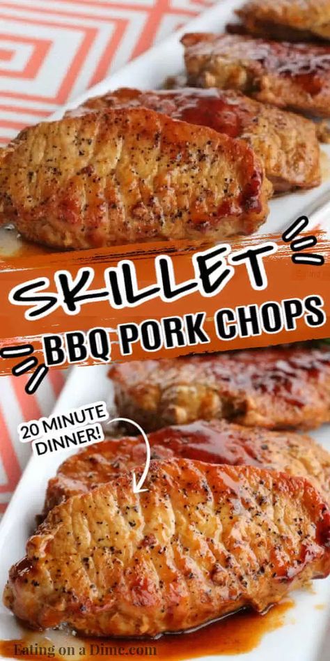 Don't let cooking pork intimidate you. This easy Skillet BBQ pork chops recipe is so easy in the skillet. It is the perfect weeknight meal. Easy Bbq Pork Chops, Bbq Pork Chops In Oven Boneless, Crockpot Bbq Pork Chops, Bbq Pork Chops In Oven, Bbq Porkchops, Pork Receipts, Barbeque Pork Chops, Quick Pork Chop Recipes, Skillet Pork Chop Recipes