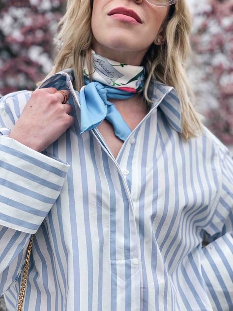 Spring Stripes: Oversized Shirt with Silk Scarf & Straight Leg Jeans - Meagan's Moda Bag Ysl, Silk Scarf With Button Down Shirt, Future Days, Scarf Gucci, Button Scarf, Sunglasses Dior, Spring Stripes, Oversized Button Down Shirt, Hang In There