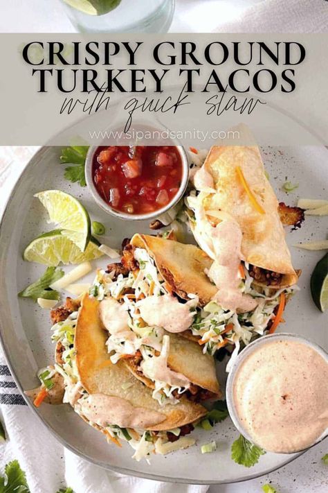 Quick Slaw, Seasoned Ground Turkey, Tangy Slaw, Turkey Tacos Recipes, Ground Turkey Tacos, Lime Crema, Turkey Tacos, Baked Turkey, Broccoli Slaw