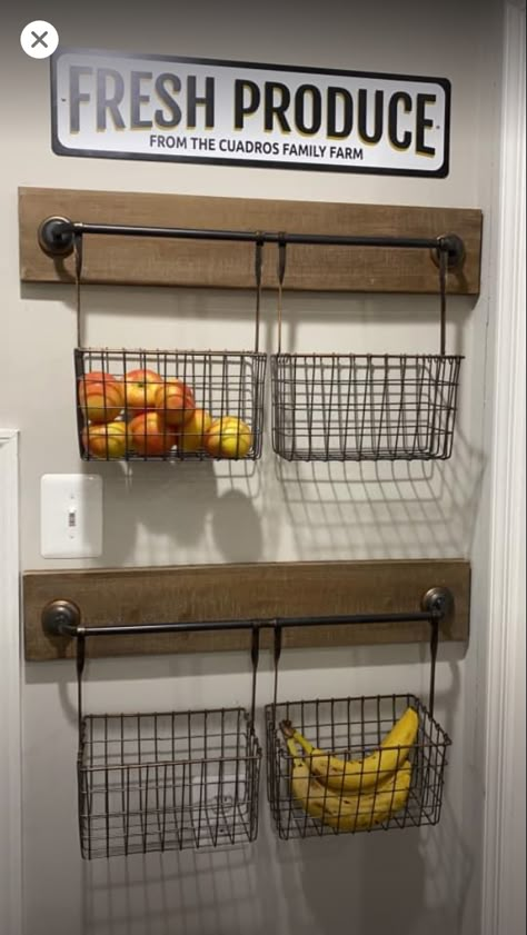 Farmhouse Vegetable Storage, Kitchen Fruits And Vegetables Storage, Kitchen Produce Storage Wall, Wall Produce Storage, Wire Basket Storage Pantry, Diy Veggie Basket Storage Ideas, Hanging Veggie Basket, Hanging Wall Vegetable Fruit Baskets, Ikea Vegetable Storage