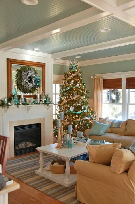 Love the painted bead board on the ceiling!! Sure would like to do all the common rooms in my house like this. Coastal Christmas Tree, Beadboard Ceiling, House Of Turquoise, Style Cottage, Coastal Living Rooms, Christmas Living Rooms, Beach Cottage Style, Coastal Christmas, Remodel Bedroom