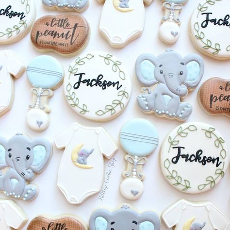 Baby Boy Elephant Shower Ideas, Peanut Baby Shower Ideas, A Little Peanut Is On The Way, Little Peanut Baby Shower Ideas, Baby Boy Shower Cookie Ideas, Peanuts Baby Shower Ideas, Elephant Baby Shower Cookies, Our Little Peanut Baby Shower Theme, Little Peanut Baby Shower Boy