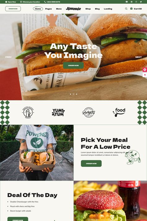 The most delicious WordPress theme has arrived: Jimmie! It's a theme made specifically for contemporary websites for restaurants and quick food delivery services. Pizza Restaurant Website Design, Fast Food Website Design, Food Website Layout, Delivery Website Design, Fast Food Website, Food Delivery Website, Header Website, Fast Food Delivery, Food Website Design