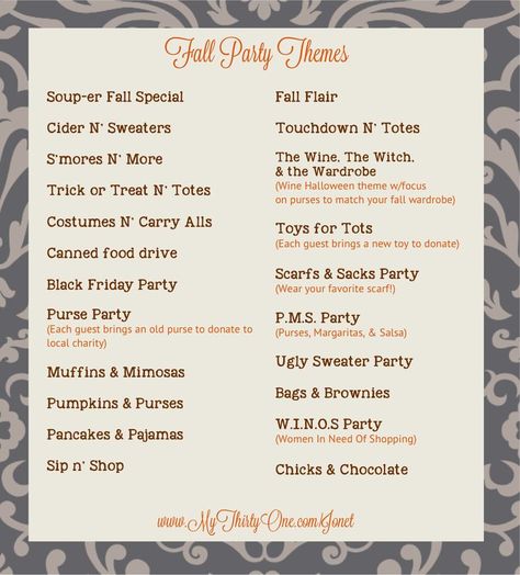 Party Names Ideas, Christmas In July Party, 31 Party, Pure Romance Party, Thirty One Fall, Fall Party Themes, Thirty One Party, Thirty One Business, Adult Party Themes