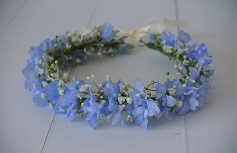 Blue Flower Crown Aesthetic, Blue Floral Crown, Floral Hair Crown, Blue Flower Crown, Gypsophila Bouquet, Flower Girl Bouquet, Blue Delphinium, Rustic Wedding Bouquet, Light Blue Flowers