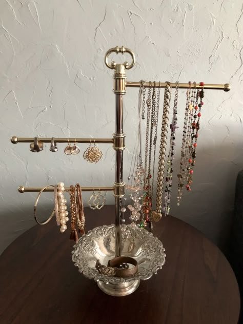 Vintage Jewelry holder repurposed silver plated jewelry stand jewelry organizer How To Display Jewelry At Home, Vintage Jewelry Holder, Bracelet Holder Ideas, Aesthetic Jewelry Holder, Leo Core, Creative Jewelry Storage, Jewlery Storage, Uni House, Jewellery Organizer