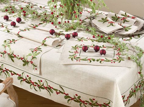 Embroidered Holly Christmas Napkin Holly Table Runner, Embroidered Holly, Fabric Napkins, Christmas Table Linen, Christmas Tablecloth, Fabric Napkin, Holiday Ribbon, Embroidery Christmas, Tablecloth Fabric