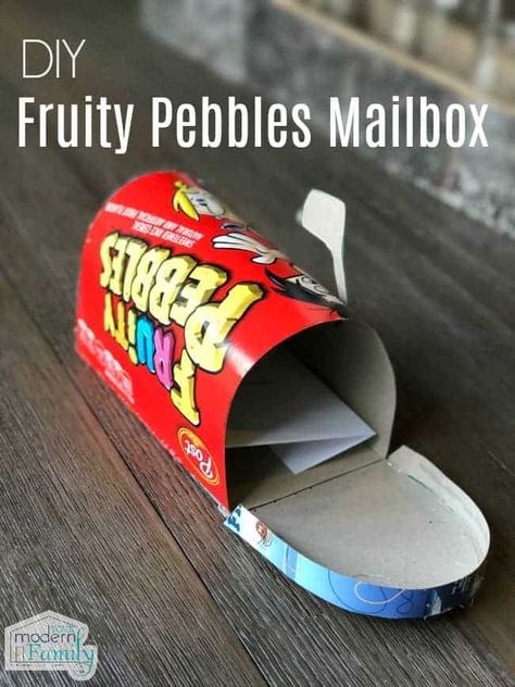 DIY Cereal box mailbox #DIY #PebblesCereal Diy Cardboard Mailbox Ideas, Up Mailbox Diy, Diy Mailbox Ideas For Kids, Diy Mailbox Ideas, Cereal Box Crafts, Kids Mailbox, Diy Valentine's Mailbox, Diy Cereal, Mailbox Diy