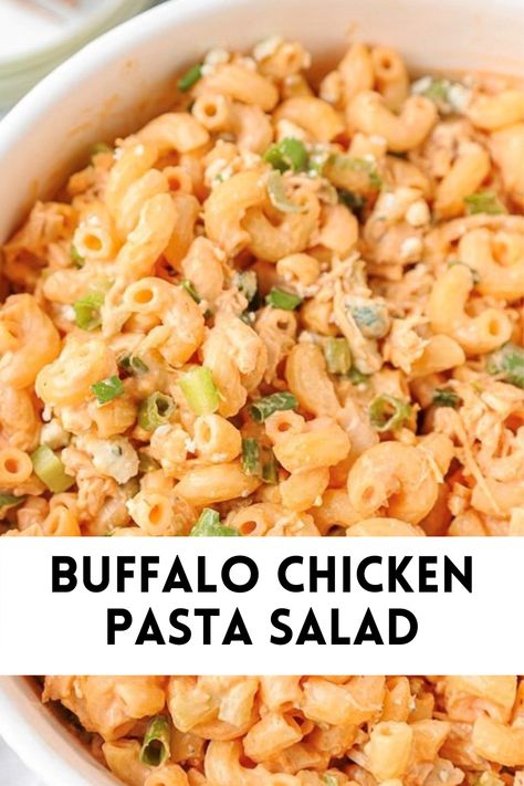 Buffalo Pasta Salad Cold, Buffalo Salad Recipes, Spicy Chicken Pasta Salad, Easy Pasta Salad With Chicken, Cold Buffalo Chicken Salad, Spicy Pasta Salad Recipes, Cold Pasta Salad Meal Prep, Cold Pasta Meal Prep, Buffalo Chicken Pasta Salad Cold