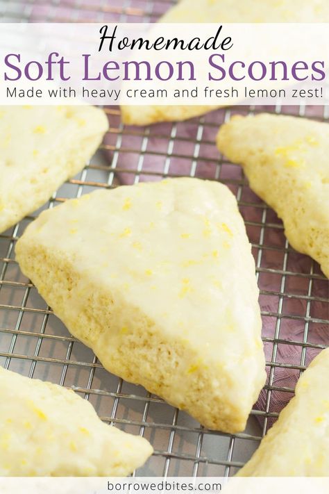 These Soft Lemon Cream Scones are perfectly tender and bursting with bright lemon flavor! Drizzle with a sweet and tangy lemon icing for an easy breakfast or brunch that’s perfect for any occasion. #lemonscones #creamscones #softscones #softlemonscones #lemoncreamscones #brunch #breakfast #easterrecipes Easy Lemon Scones, Italian Scones Recipe, Lemon Curd Scones Recipe, Lemon Juice Recipes Desserts, Lemon Cream Scones, Lemon Scones Recipe Easy, Best Lemon Scones Recipe Ever, Scones Recipe Lemon, Lemon Breakfast Recipes