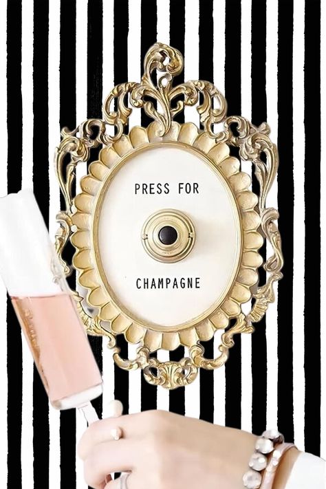 Champagne Wall Ring Bell, Press For Champagne Button Diy, Press Here For Champagne, Press For Champagne, Vintage Champagne Art, Chanel Champagne Bottle, Ring Bell, Bedroom Hotel, Album Book