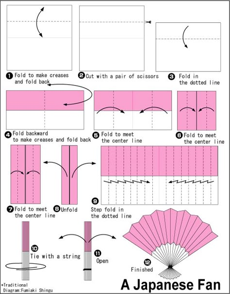 Make sure that whatever size paper you use, the triangles stay smaller than the fans. (Click images to enlarge) Make A Fan, How To Make Paper Fans, How To Make A Paper Fan, Paper Fans Diy, Diy Paper Fan, Origami Fan, Fan Diy, Japanese Party, Paper Fan