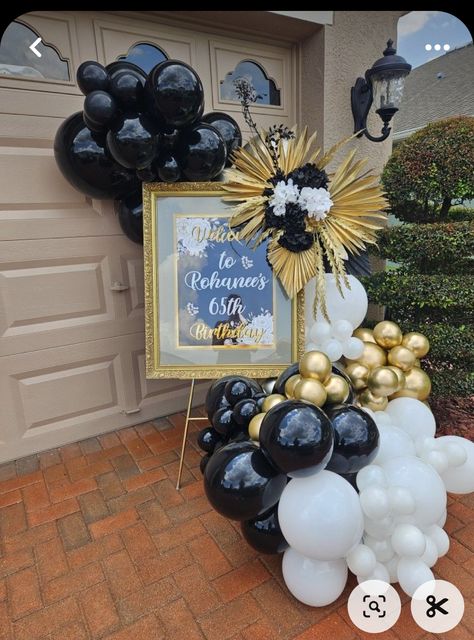 Black White And Gold Balloon Columns, Black And Gold Retirement Party Decor, Black Gray Gold Balloon Garland, Black And Gold Graduation Balloon Arch, Black Gold Silver Balloon Columns, Prom Party Decorations, Graduation Party Inspiration, Backyard Graduation Party, Winter Wonderland Decorations