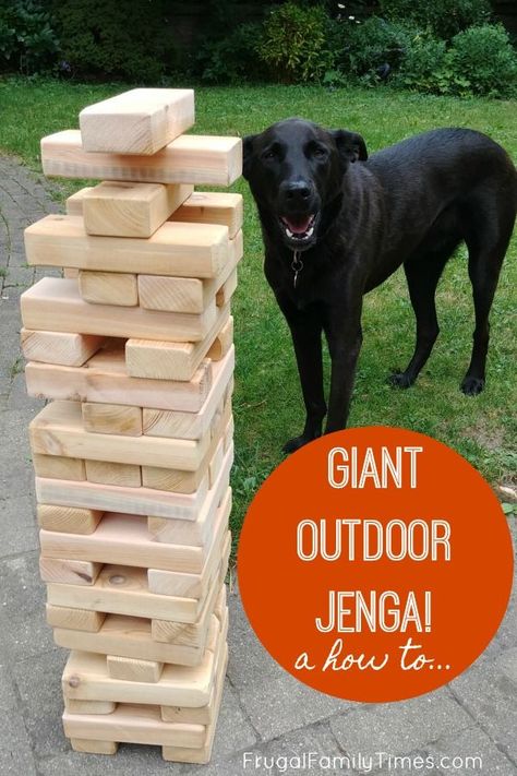 Outdoor games are so much fun! Here's how to build a GIANT OUTDOOR JENGA! If your planning a picnic or outside family event consider making a yard jenga.  These big jenga blocks can be made in an afternoon - on a budget - and even stored outdoors! #howto #outdoor #familygames #outdoorfun #kidsactivities #familyfun #easybuild #diy Big Jenga, Outdoor Jenga, Yard Jenga, Jenga Diy, Giant Jenga Game, Jenga Game, Giant Jenga, Jenga Blocks, Frugal Family