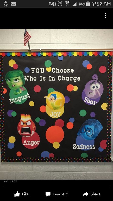 Red Bulletin Board Ideas, Inside Out Classroom Theme Ideas, Inside Out Bulletin Board Ideas, School Counseling Bulletin Boards, Cube Decor, School Counseling Office, Work Bulletin Boards, Teacher Bulletin Boards, Child Life Specialist