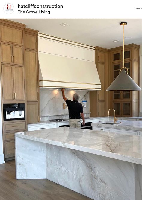 Cabinets Above Range, Insane Kitchens, Large Hood Kitchen, Range Hood High Ceiling, Double Waterfall Island Kitchen, Marble Range Hood, Kitchen Island Paneling, Marble Kitchen Ideas, Coffered Ceiling Kitchen