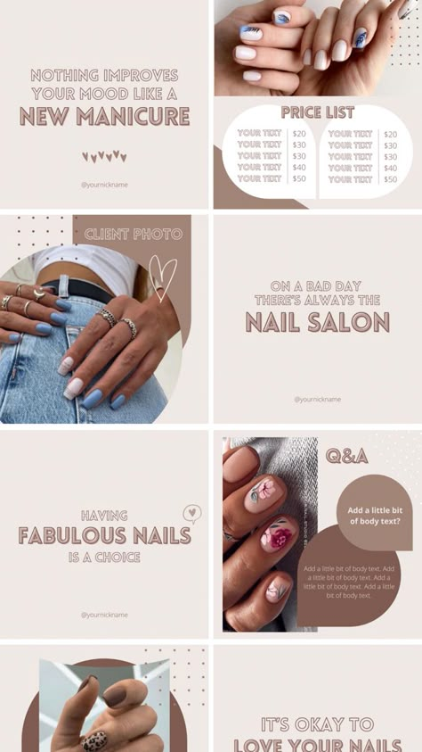 Nail Tech Instagram Post Templates for your beauty business! Are you a nail artist looking to improve your Instagram branding?
ByAKDesigns Canva templates are a great way to make your nail business stand out! Insert your images + add necessary information about your services and start building your perfect Instagram profile to attract new clients and followers!

What’s included?
- 30 Instagram Post templates in 1080px x 1080px (fully editable on Canva, photos are not included). Nails Profile Instagram, Nail Salon Instagram Post Ideas, Nail Tech Instagram Usernames, Instagram Template For Business, Nail Business Instagram Feed, Instagram Nail Post Ideas, Nails Page Instagram, Nail Instagram Post Ideas, Content Ideas For Nail Techs