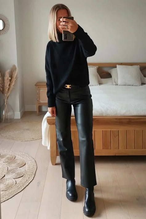 Straight Leg Leather Pants Outfit Winter, Wide Leg Cropped Leather Pants Outfit, White And Black Sweater Outfit, Dark Blue Shoes Outfit, Nyc Date Night Outfit Winter, Beauty Salon Outfits, Date Night Sneakers Outfit, Black Leather Pants Outfit Work, Baggy Turtleneck Outfit