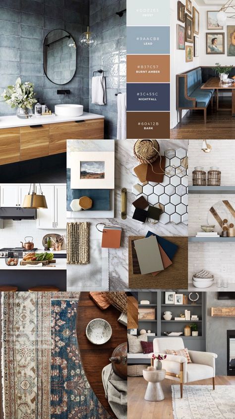 Commercial Feature Wall Design, Gray Rust Navy Color Scheme, Scandi Farmhouse Decor, Home Color Palettes Interior, Blue Gray Copper Living Room, Decor Palette Colour Schemes, Interior Design Schemes, Interior Design Shots, Art Studio Color Schemes