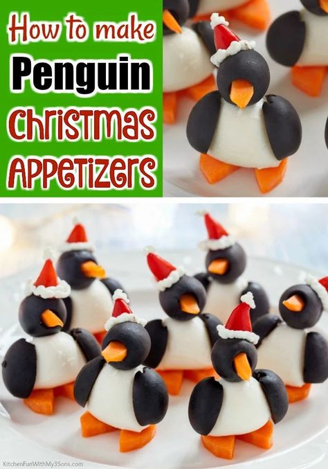 Penguin Mozzarella Balls, Penguin Olive Appetizer, Olive And Mozzarella Penguins, Black Olive Penguins, Penguin Party Food, Mozzarella Penguins, Olive Penguins, Olive Snack, Olive Appetizer