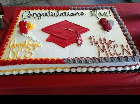 Graduation cake idea...say goodbye to high school, hello to college using the schools' colors. Graduation Sheet Cakes, Graduation Cake Ideas, High School Graduation Cakes, Dessert Table Graduation, Graduation Food, Graduation Desserts, Graduation Party Cake, Senior Graduation Party, Graduation Party High