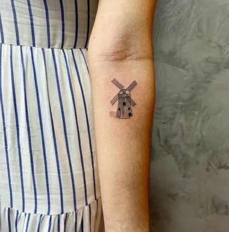 Windmill Tattoo Dutch, Dutch Inspired Tattoos, Dutch Tattoo Ideas Netherlands, Holland Tattoo Ideas, Mill Tattoo, Amsterdam Tattoo Ideas, Dutch Tattoo Ideas, Netherlands Tattoo, Simon Tattoo