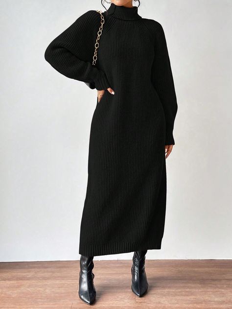 SHEIN Essnce Turtleneck Raglan Sleeve Sweater Dress Without Belt | SHEIN USA Black Satin Dress With Sweater, Long Black Knit Dress Outfit Winter, Long Black Sweater Dress Outfit, Styling Dresses In Winter, Maxi Sweater Dress Outfit, Sweater Dress Shoes, Shein Winter Outfits, Long Sweater Dress Outfit, Knit Dress Winter