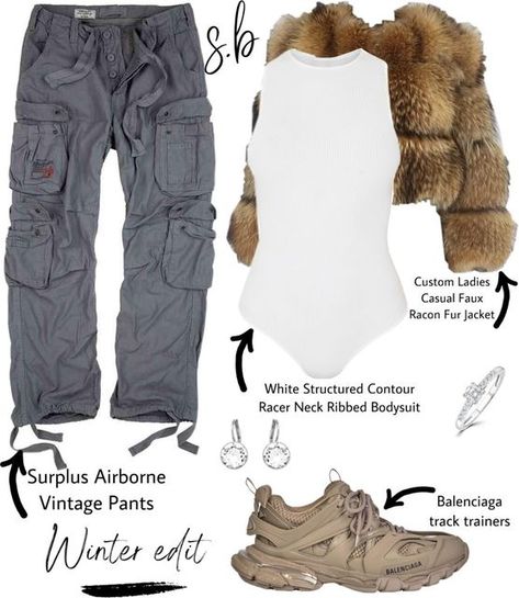 Balenciaga Track Outfit Woman, Grey Bodysuit Outfit, Bree Westbrooks, Balenciaga Track Outfit, Balenciaga Tracks, Grey Cargos, Track Outfits, Brown Fur Coat, Dope Fits