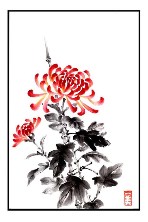 Chrysanthemum Japanese, Chrysanthemum Painting, Japanese Ink Painting, Sumi E Painting, Chinese Art Painting, Chinese Brush Painting, Asian Painting, Japanese Flower, Traditional Japanese Art